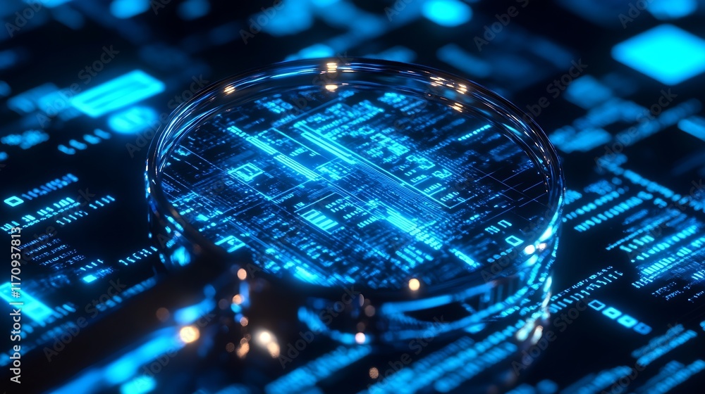 Aufkleber magnifying glass observing blue digital circuitry for advanced technology surveys : generative ai