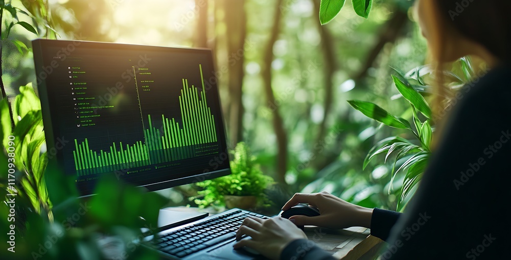 Poster Remote Work in Eco-Friendly Office with Greenery and Data Analysis on Screen : Generative AI
