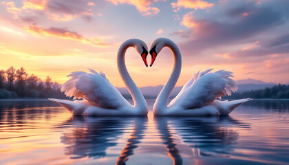 Fototapeta premium Two majestic white swans form a heart shape with their necks, creating a romantic and serene image.