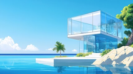 Modern Glass House Overlooks Ocean Paradise