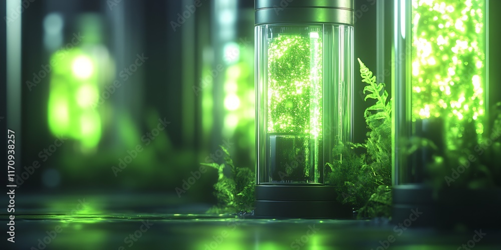 Poster futuristic green energy jars illuminating in dark ambient environment with plants and technology vib