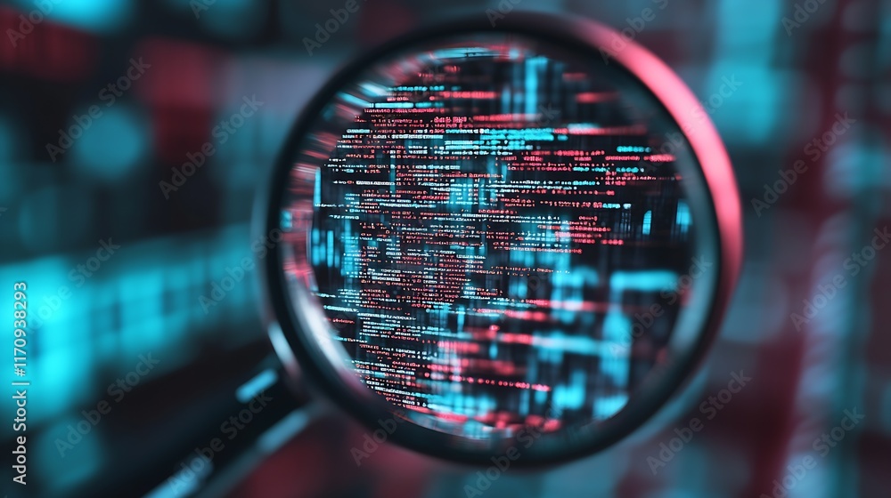 Fototapete magnified digital data concept with neon glowing code in focus : generative ai