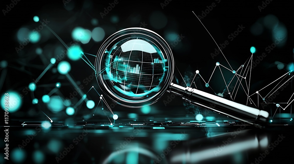 Poster Digital Network Magnifying Glass High Tech Connection Data Search Visual Exploration : Generative AI
