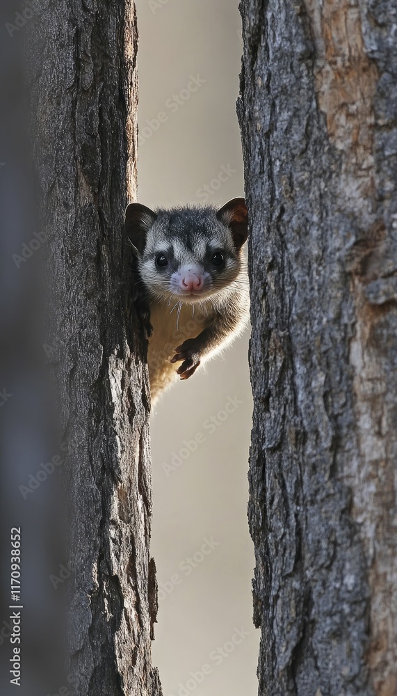 Aufkleber a close-up of a glider peeking from between two tree trunks in a natural setting.