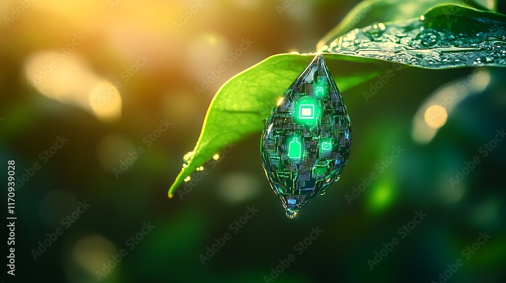 Poster Nature and Technology Synergy Depicted in a Circuitry Designed Dew Drop on Green Leaf : Generative AI