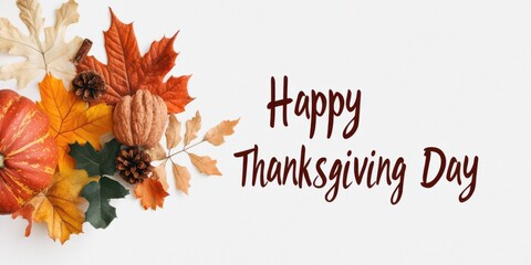Happy Thanksgiving message surrounded by colorful autumn leaves, evoking warmth and gratitude.