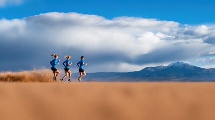 Energetic Runners on Scenic Trail with Dramatic Sky and Mountains