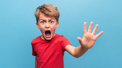 Determined young boy shouting while holding his palm out in a stop gesture, confronting bullying and standing up for himself, showcasing courage, resistance, and emotional empowerment