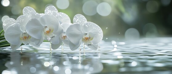Delicate white orchids on water.
