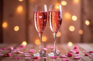 Romantic celebration with glasses of sparkling drink and heart-shaped confetti for Valentine's Day festivities. Generative AI