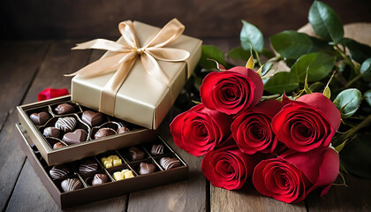Red roses and chocolates for romance and valentines day