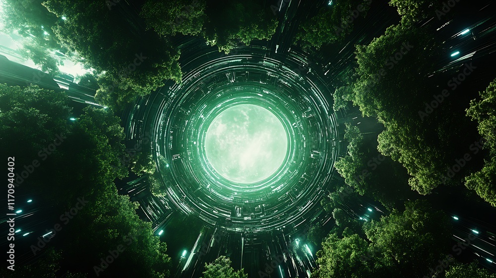 Poster futuristic forest portal surrounded by lush greenery and ethereal light : generative ai