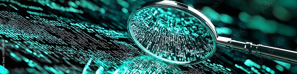 Poster Magnifying Glass Analyzing Digital Data with Green and Black Binary Code Pattern : Generative AI
