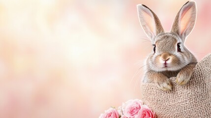 Obraz premium A rabbit peeking out from behind a burlap bag with pink roses