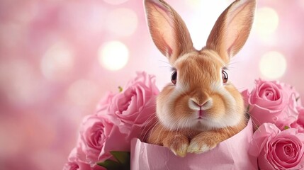 Obraz premium A rabbit sitting in a pink paper bag with pink roses