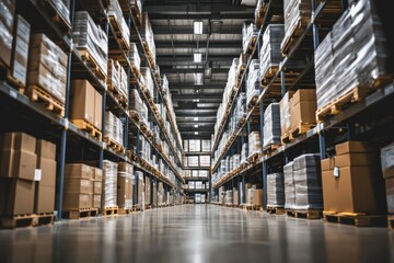 Fototapeta premium A spacious warehouse filled with stacked boxes and pallets, organized for storage and distribution.