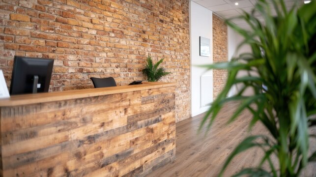 Fototapeta A reception area with a brick wall and a plant
