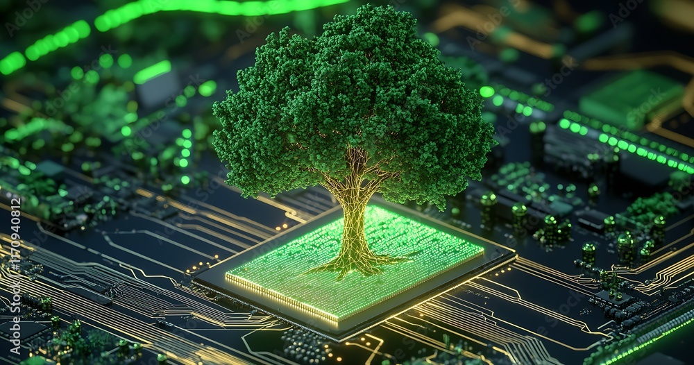 Fototapete sustainable technology symbolized by a tree growing from a computer chip : generative ai