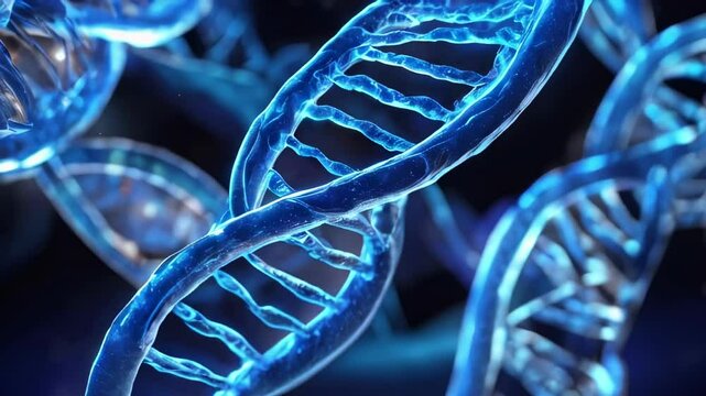Footage with DNA helix with depth of field. Medical research, genetics, biology science. 3D Rendering animation of DNA molecule construction.