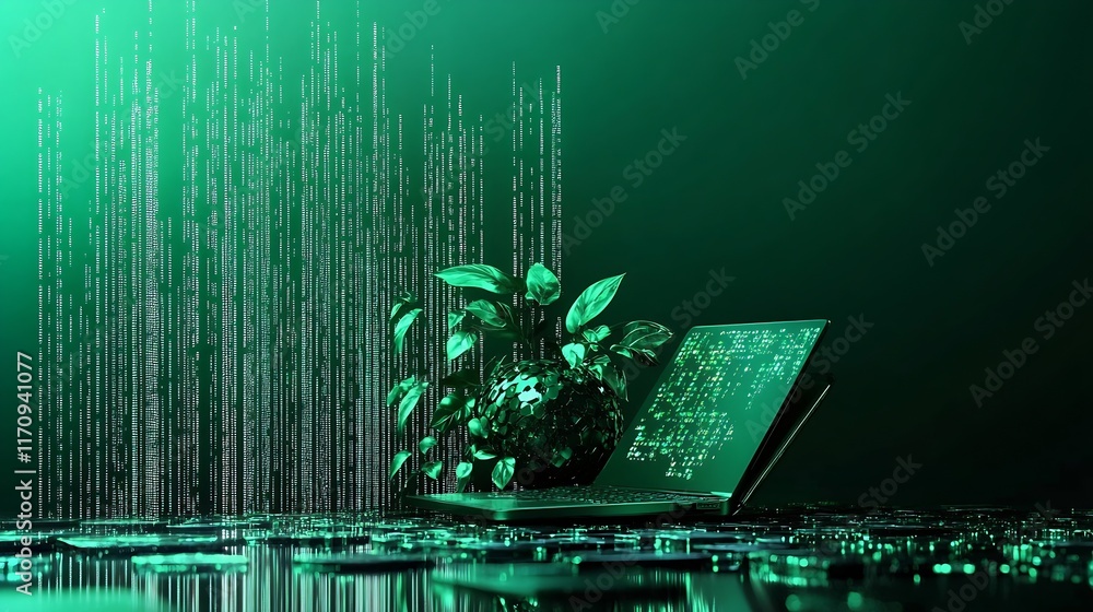 Poster Laptop with Digital Plant in Matrix Style for Futuristic Tech Environment : Generative AI