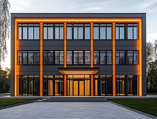 Minimalist office building with geometric illuminated facade and sleek modern design : Generative AI