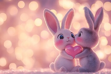 Obraz premium Plush rabbit friends show their love and kindness with a heartwarming kiss and a gentle touch in a soft pink light. Generative AI