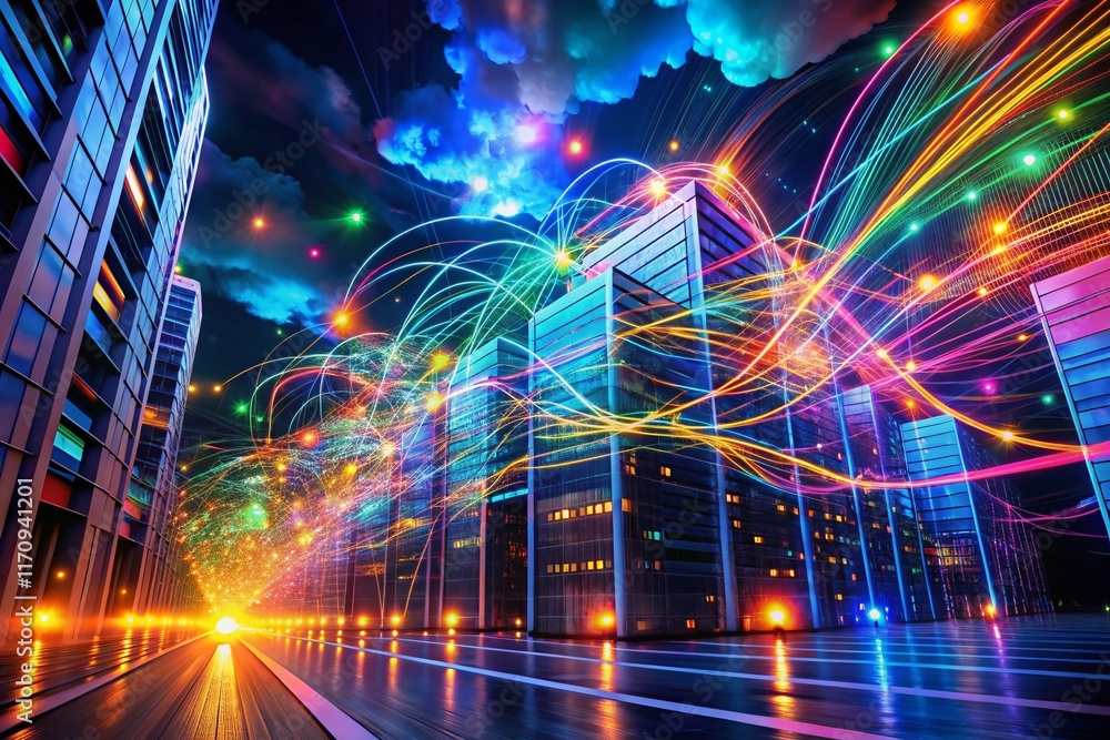 Poster long exposure of data streams flowing through abstract cloud server network