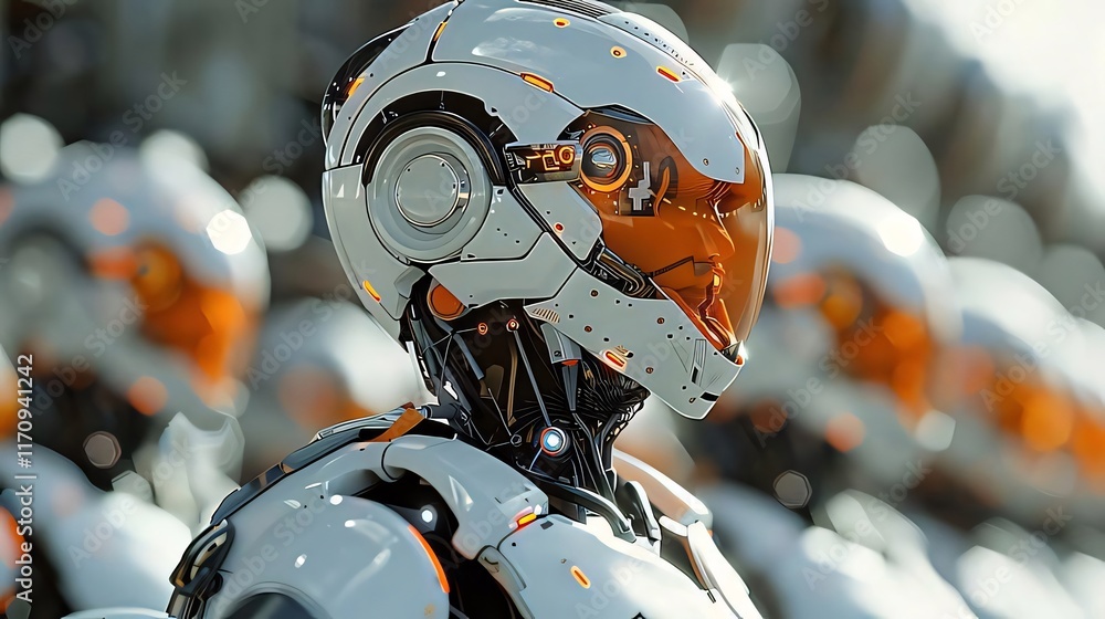 Poster close-up of a futuristic robot's head, part of a formation of similar robots.