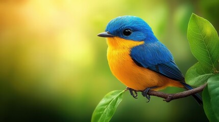 Obraz premium A small blue and yellow bird sitting on a branch