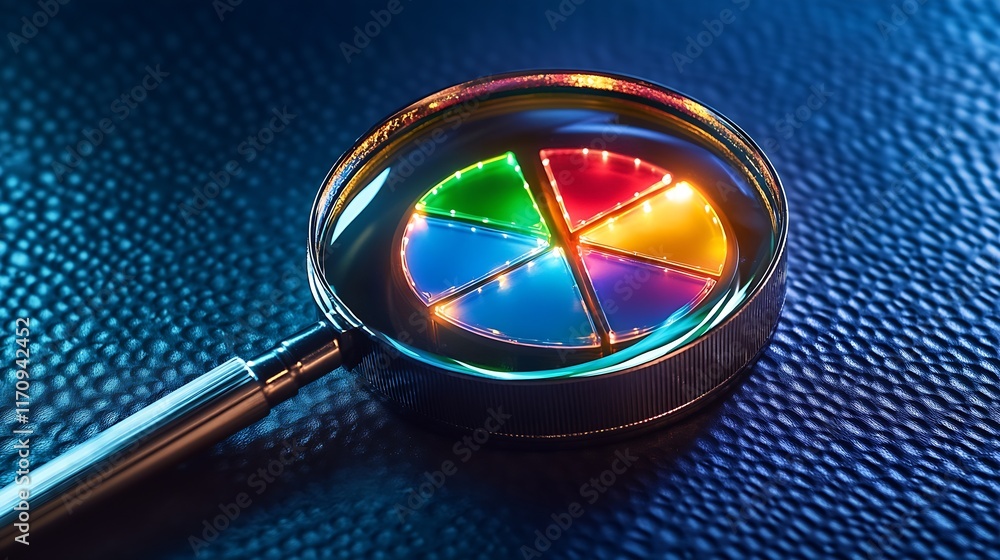 Aufkleber illuminated pie chart with magnifying glass on metallic blue surface : generative ai