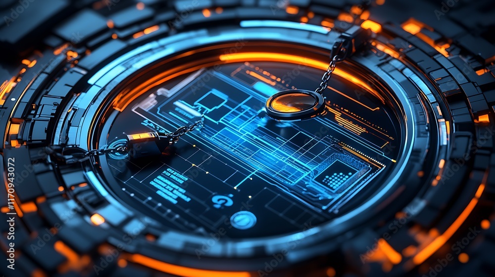 Aufkleber Secure Information Exchange Technology with Chains and Magnifier in Futuristic Design : Generative AI