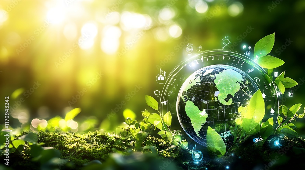 Poster global green and lush forest environment with sustainable eco technology elements : generative ai