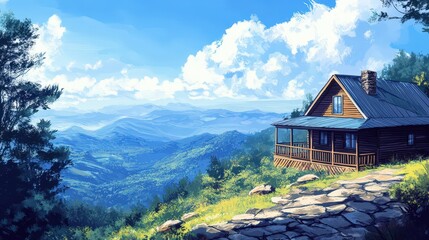 Mountain Cabin View Scenic Summer Landscape