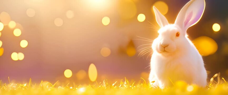 A white rabbit with large ears over a blank copy space white sign set against a vibrant yellow bokeh background Easter template website banner 4K