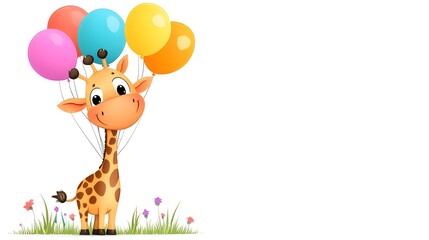 Adorable cartoon giraffe holding colorful balloons in a field
