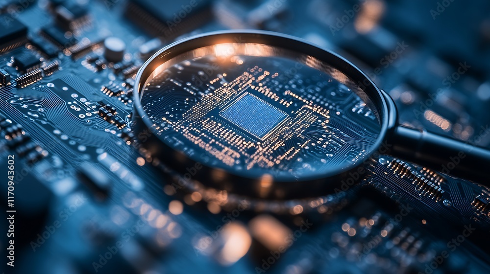 Aufkleber focus on microchip circuit board with magnifying glass highlighting technological advancements : gen