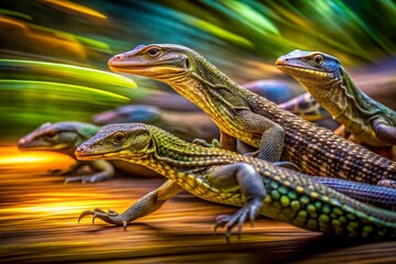 Naklejka premium Long Exposure Photography of Monitor Lizards: Diverse Species in Motion