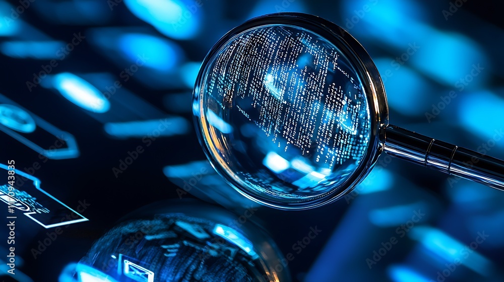 Poster magnifying glass examining data details on blue digital interface : generative ai