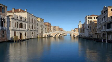 Naklejka premium A serene view of a canal in Venice, showcasing historic buildings and a bridge.