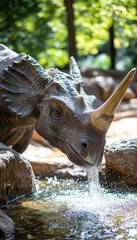 A lifelike dinosaur sculpture drinking from a small stream in a natural setting.