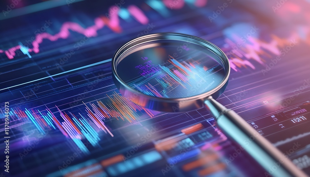 Poster Magnifying Glass on Financial Data Chart in Futuristic Design Background : Generative AI