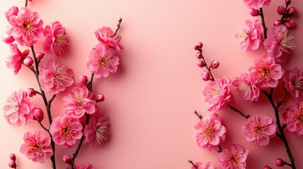 Pink cherry blossoms on soft pink background with floral branches