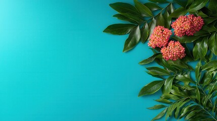 A bunch of red flowers and green leaves on a blue background