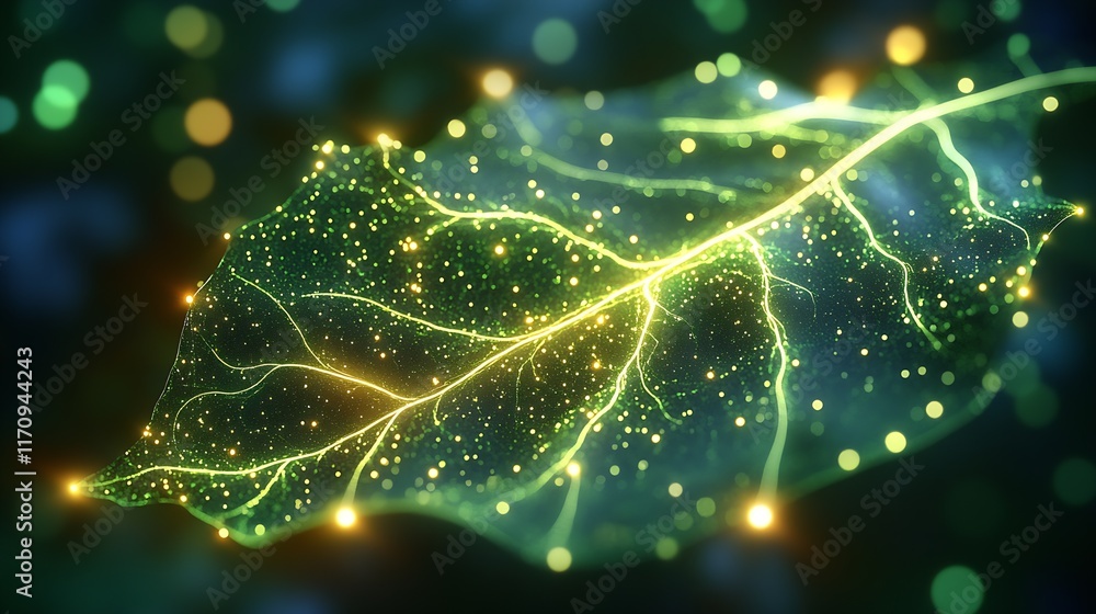 Poster Digital Leaf with Glowing Neural Network and Imaginary Light Display : Generative AI