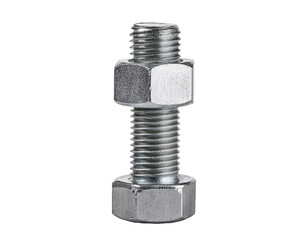 close-up of a shiny metal bolt with threaded nut secured in place on isolated background
