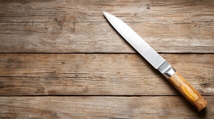A knife on a wooden surface with a wooden handle