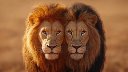 Fototapeta premium A couple of lions standing next to each other in the desert