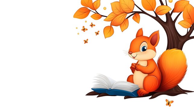 Cute cartoon squirrel reading a book under autumn leaves tree