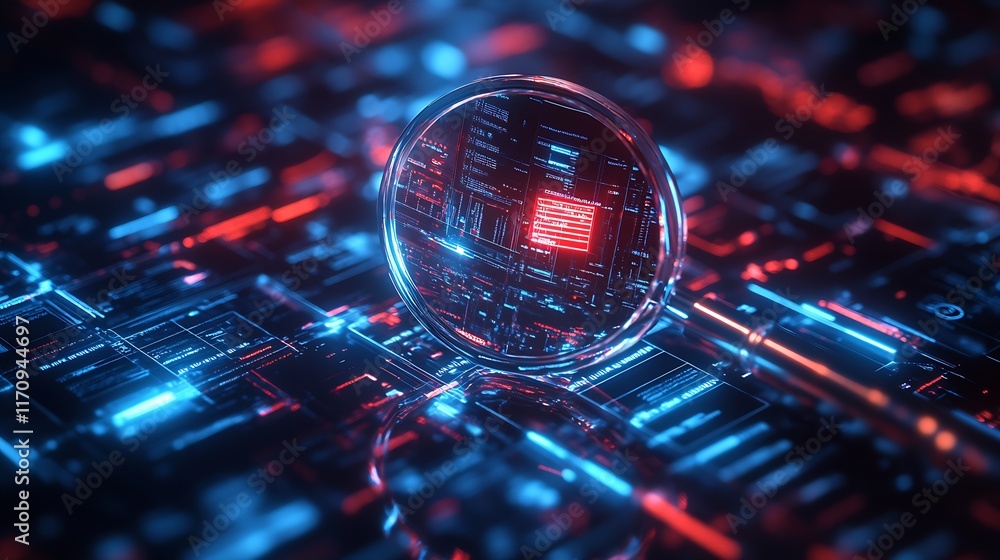 Poster Futuristic Digital Circuit Sphere with Luminous Red and Blue Lights in a Hi-Tech Environment : Generative AI