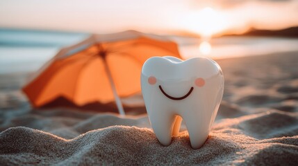 Smiling tooth figurine on sandy beach at sunset with orange umbrella